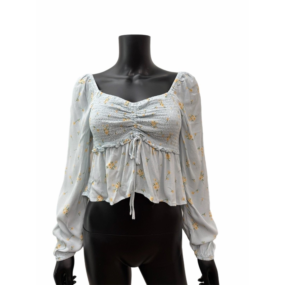 Sophie Rue Blue‎ Floral Smocked Peplum Blouse Size S Puff Long Sleeve